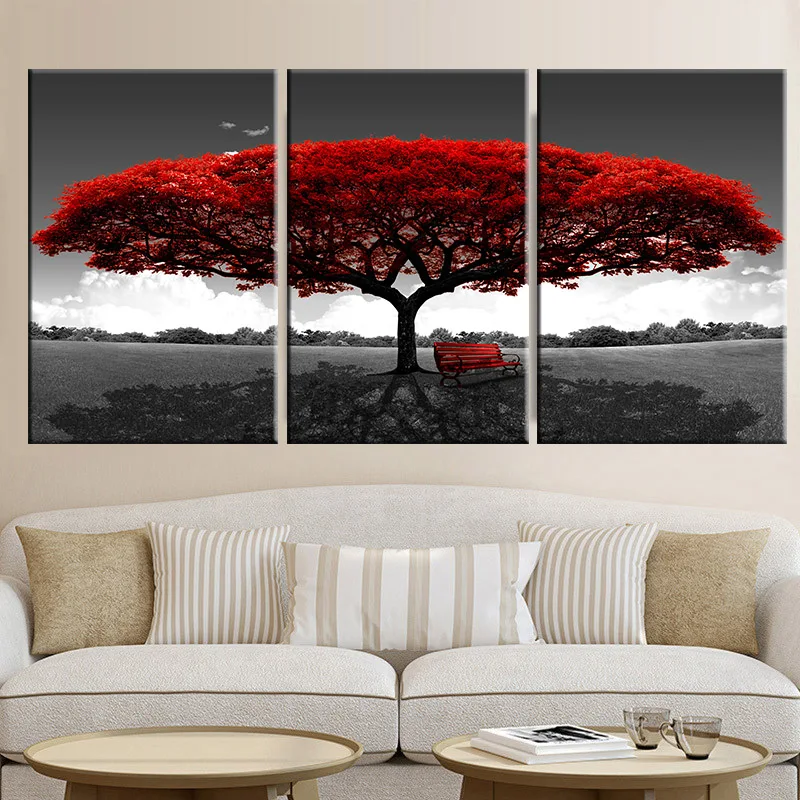 

3 Panels Abstract Red Tree Flowers Oil Canvas Painting Posters And Prints Landscape Wall Art Pictures Room Home Decor No Frame