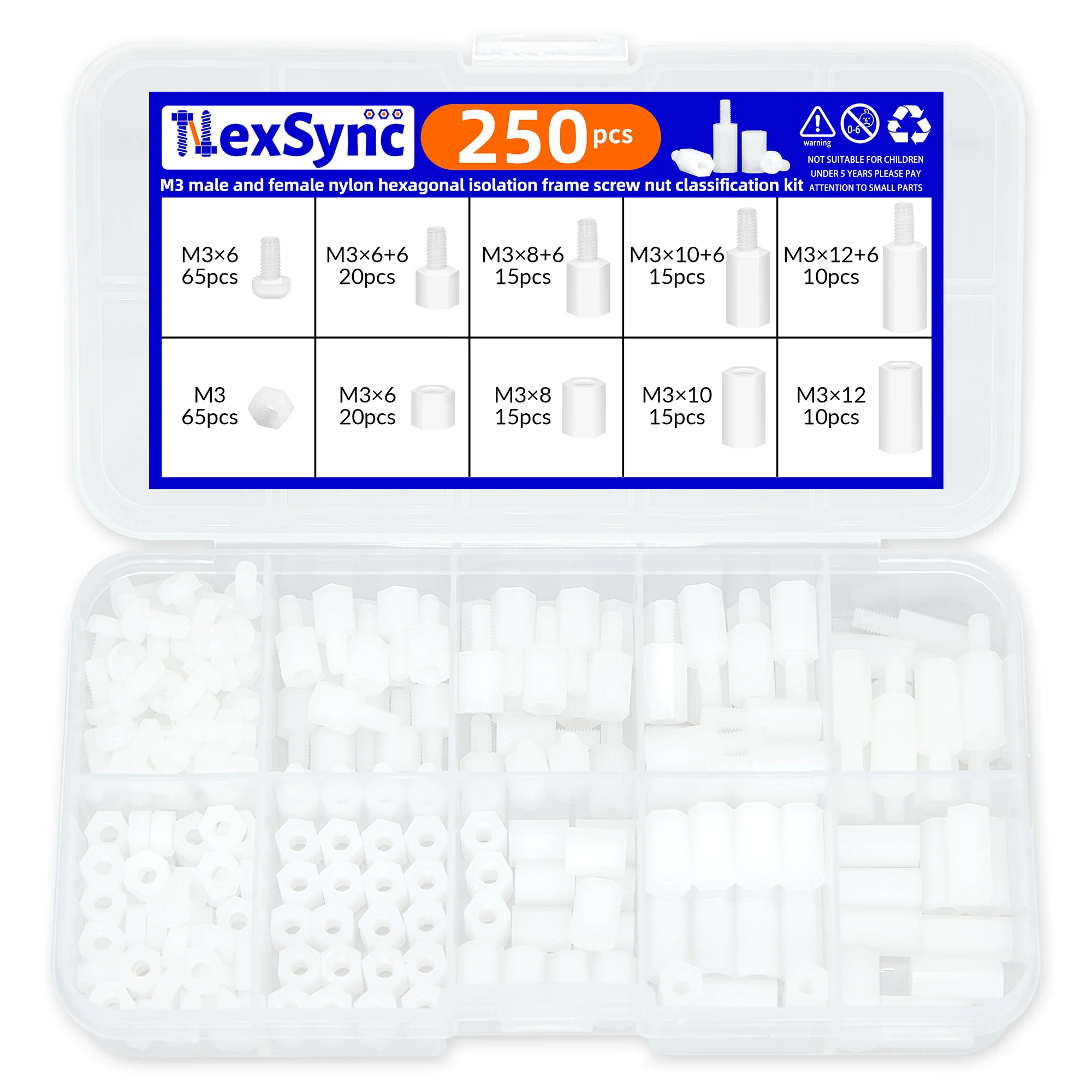 

Набор стоек М3 из белого пластика с нейлоновой изоляцией