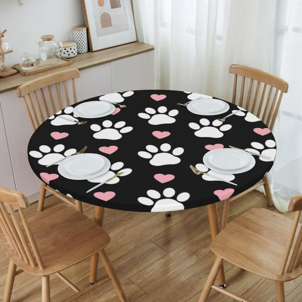 

Pattern Of Paws White Dog Paw Paw Tablecloth Elastic Fitted Oilproof Pretty Pink Hearts Puppy Table Cloth Cover for Dining Room