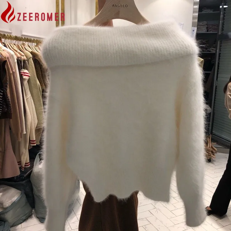 

2022Winter Sexy Female Off Shoulder Mohair Lazy Wind Mink Cashmere Sweater Fashion Solid Korean Warm Casual Long Sleeve Pullover