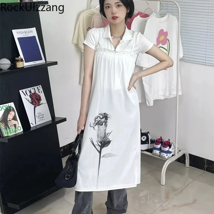 

Женское винтажное платье на бретельках, длинная белая юбка миди с цветочным принтом и разрезом, сексуальное элегантное платье в стиле Харадзюку, y2k, в японском и готическом стиле