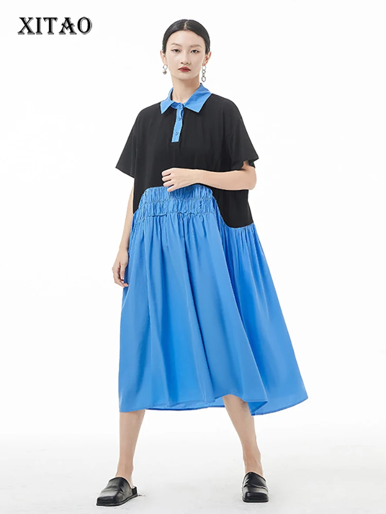 

XITAO контрастное платье-рубашка в стиле пэчворк, свободное модное платье со складками и большим подолом, новинка 2022 года, простое платье с отл...