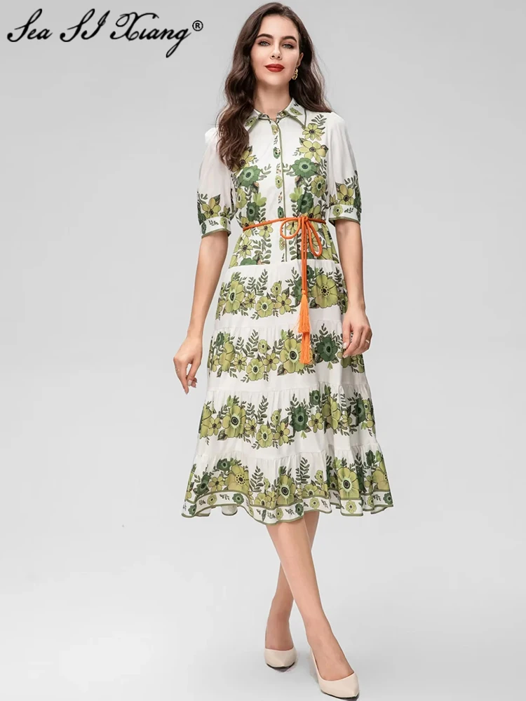 

Женское свободное однобортное платье Seasixiang, дизайнерское винтажное платье с коротким рукавом и цветочным принтом, на шнуровке, весна-лето