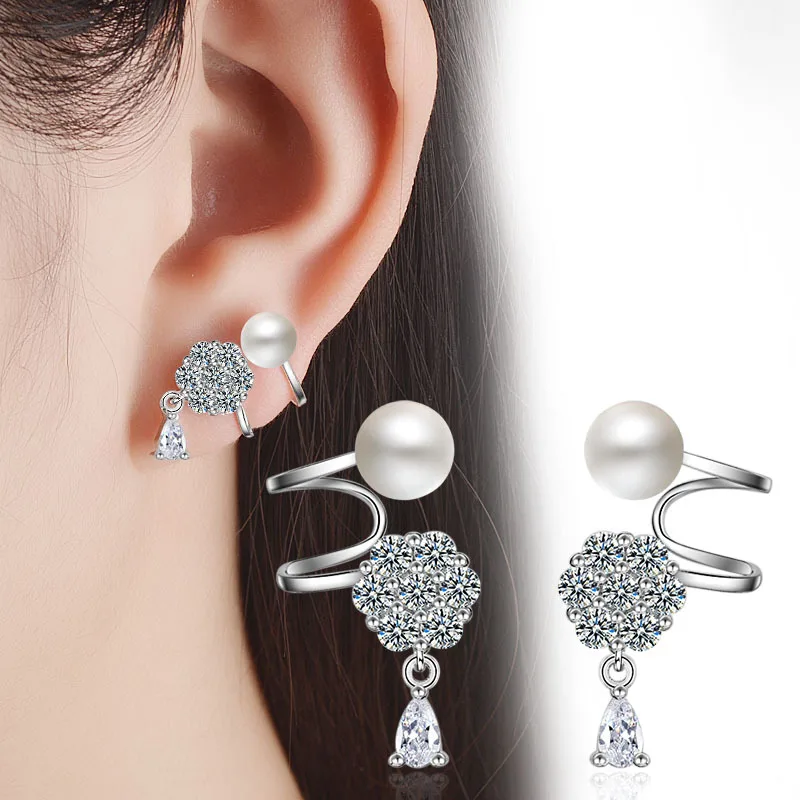 

LIVVY Korean Luxury Crystal Stud Earrings Silver Color Wedding Jewelry Zircon Pearl Geometry Earrings For Women Party Gifts