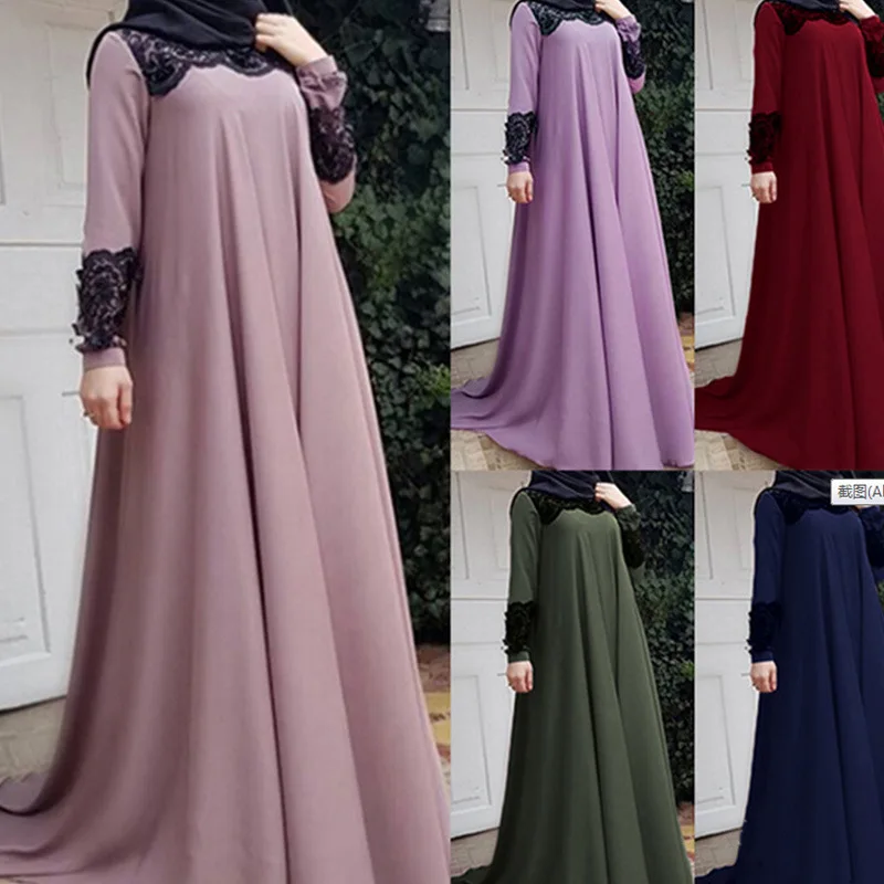 

Arab Middle Eastern Women's New neck and cuffs with lace A-line oversized skirt long dress solid color