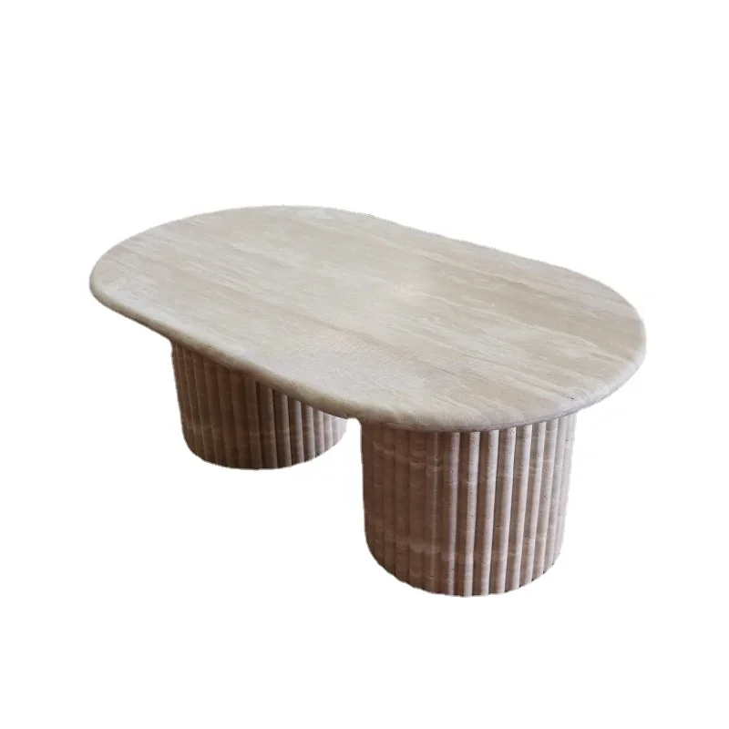 

Luxury natural stone ribbed oval table groove base modern design living room furniture travertine coffee table