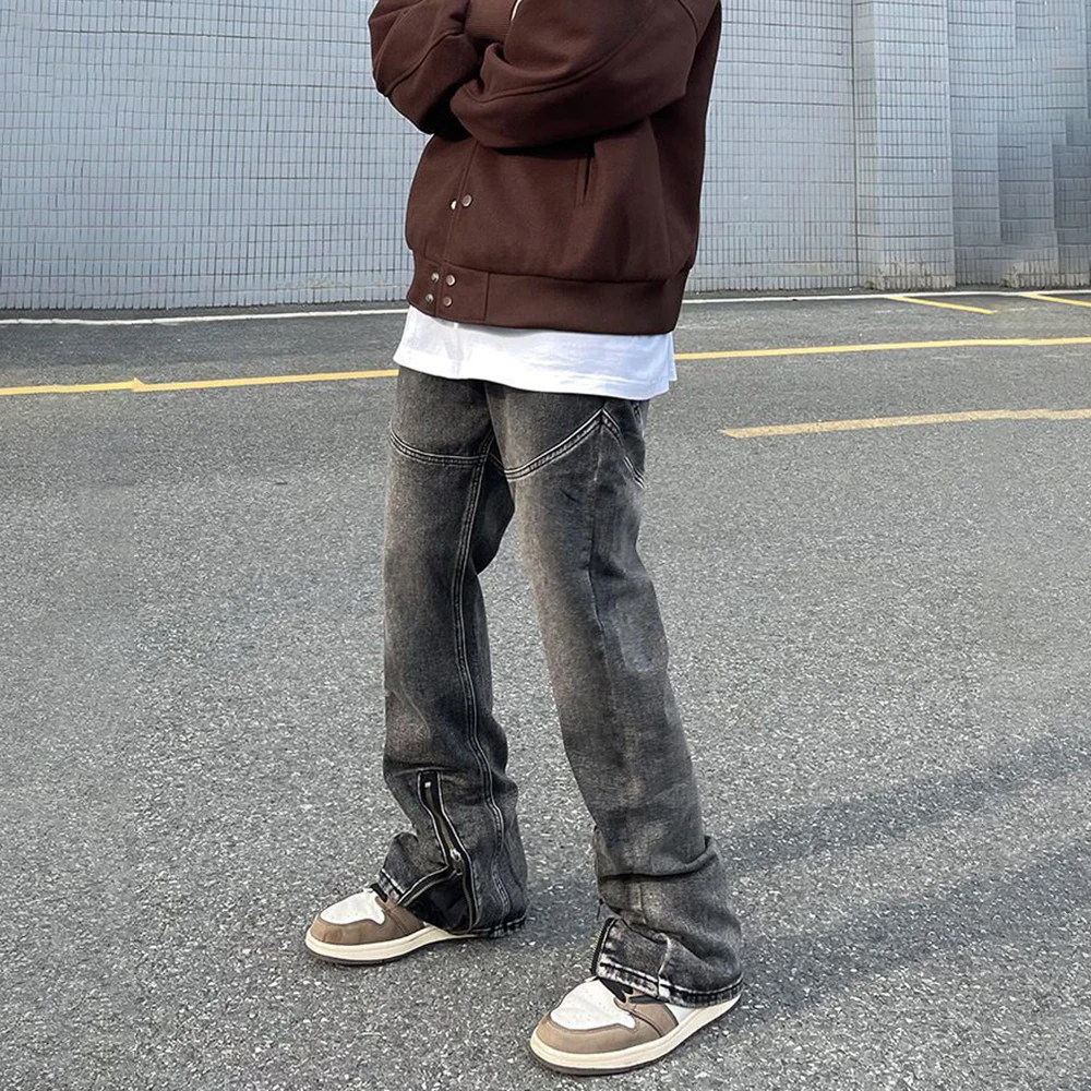 High Street Hip-Hop Embroidered Old Washed Jeans Men's New Fried Street Niche Design Straight Trousers Trendy Zipper Slit Pants