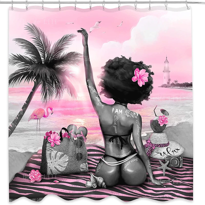 

Pink Bathroom Decor Beach Theme Summer Shell Tropical Palm Tree Hawaii African American Inspirational Black Girl Shower Curtains
