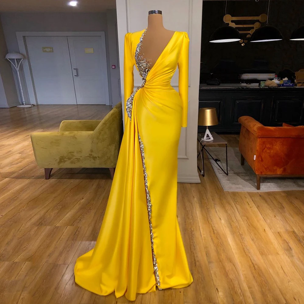 

Yellow Long Sleeves Mermaid Evening Dress See though Beading Rhinestones Satin Formal Dresses Sweep Train Party Gown