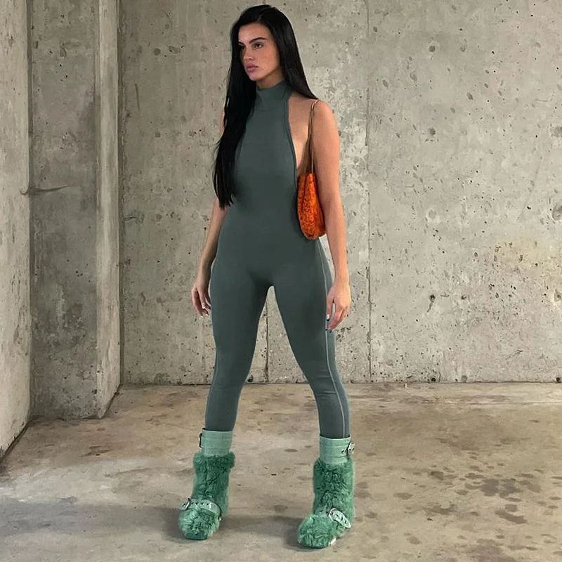 

Solid Halter Jumpsuit Women Sexy Mock Neck Sleeveless Backless Body-Shaping One Piece High Street Female Clothing