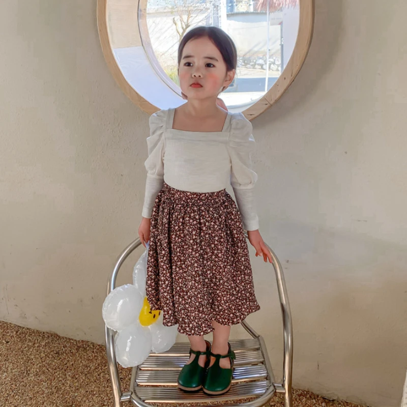 

HoneyCherry 2022 new girl puff sleeve stretch bottoming shirt girls square collar solid color T-shirt