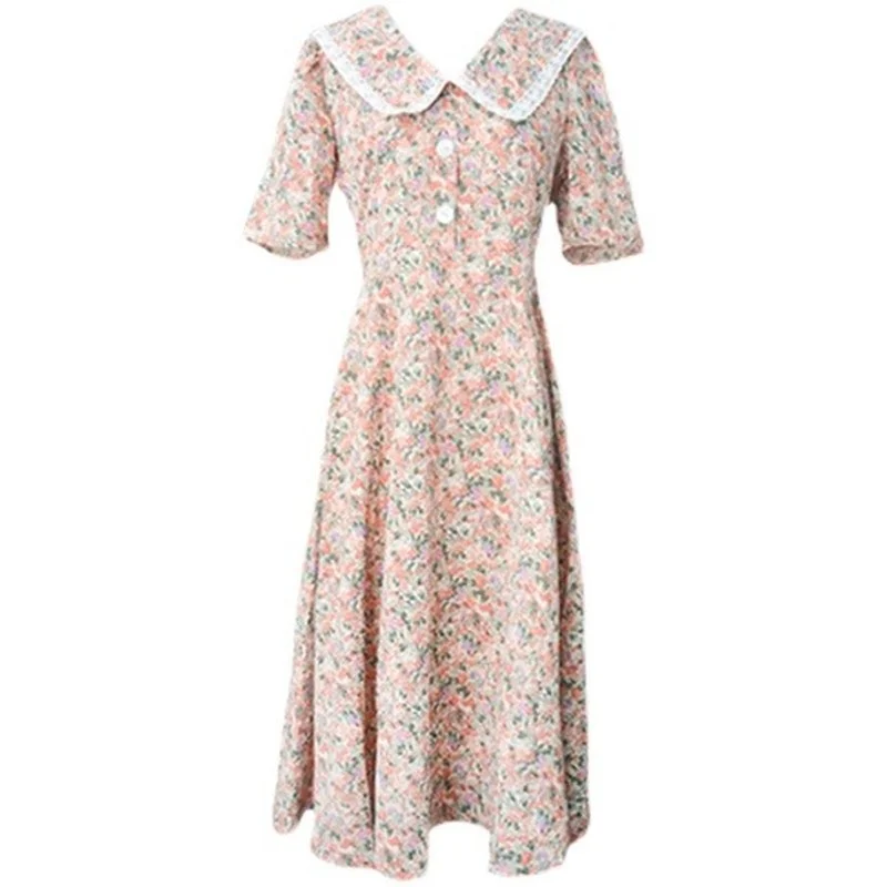 Женское летнее длинное платье с кукольным воротником приталенное милое нежное