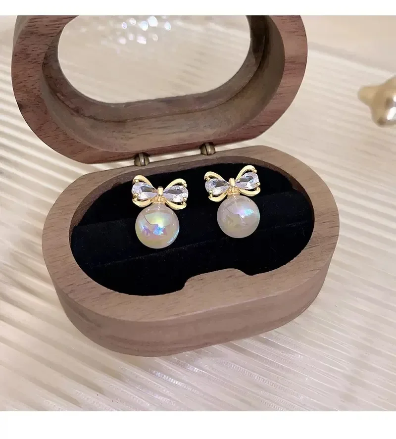 S925 Silver Needle Elegant Design Colorful Korean Pearls Bow Zirconia Stud High-End Sensibility Niche Earrings