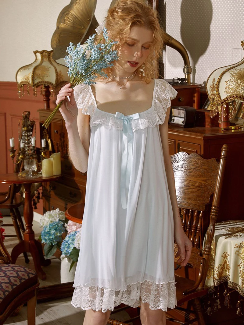 

Женское Двухслойное Ночное платье принцессы, Голубое Кружевное Платье из модала в стиле ретро с оборками и квадратным вырезом, ночная рубашка в стиле "Лолита"