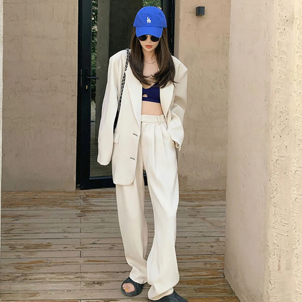 Women Pant Sets Office Lady White Blazer Suits Traf 2023 Female Long Sleeve Fashion Loose Coat+High Waist Wide Leg Trousers