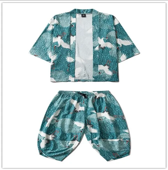 3XL Print Crane Men Kimono 2PCS Robe Sets Chinese Casual Loose Pajamas Spring Autumn 3/4 Sleeve Cardigan Suit