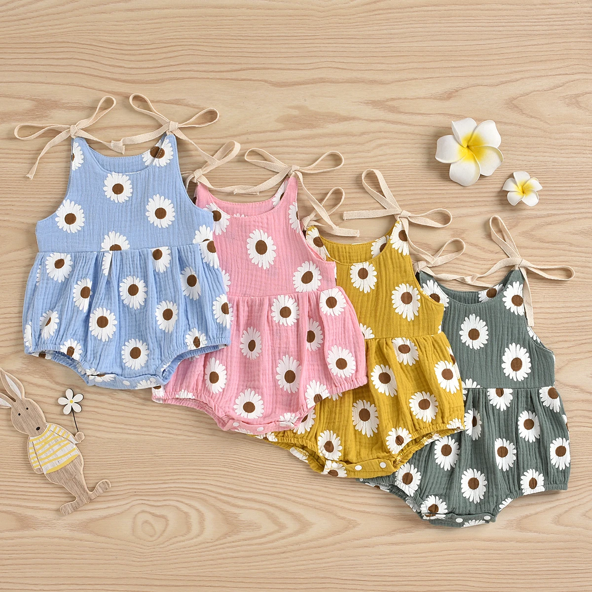 

Lovely Baby Girls Summer Rompers Daisy Printing Tied Straps O-Neck Sleeveless Casual Jumpsuit for Toddler Girls 0-24 Months