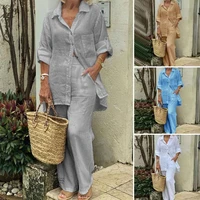 summer women fashion solid long sleeve single breasted blouse casual loose wide leg trousers cotton pant suits chandals mujer