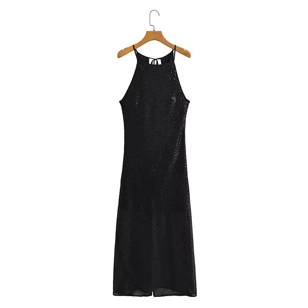

PB&ZA Elegant Women's Dresses for Party 2022 Evening Long Slip Dress Sequins Side Split Chic Mid-calf Aesthetic Black Vestidos