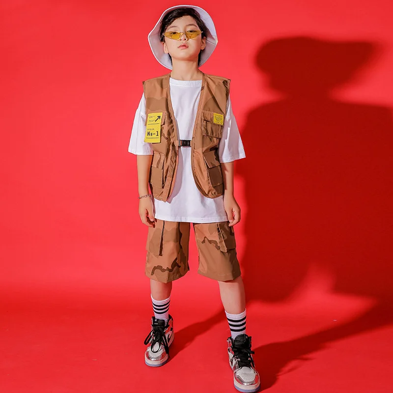 

Спортивный костюм для мальчиков и девочек, камуфляжный комплект из жилета и шортов для выступлений и танцев на сцене, в стиле хип-хоп, уличная одежда для подростков
