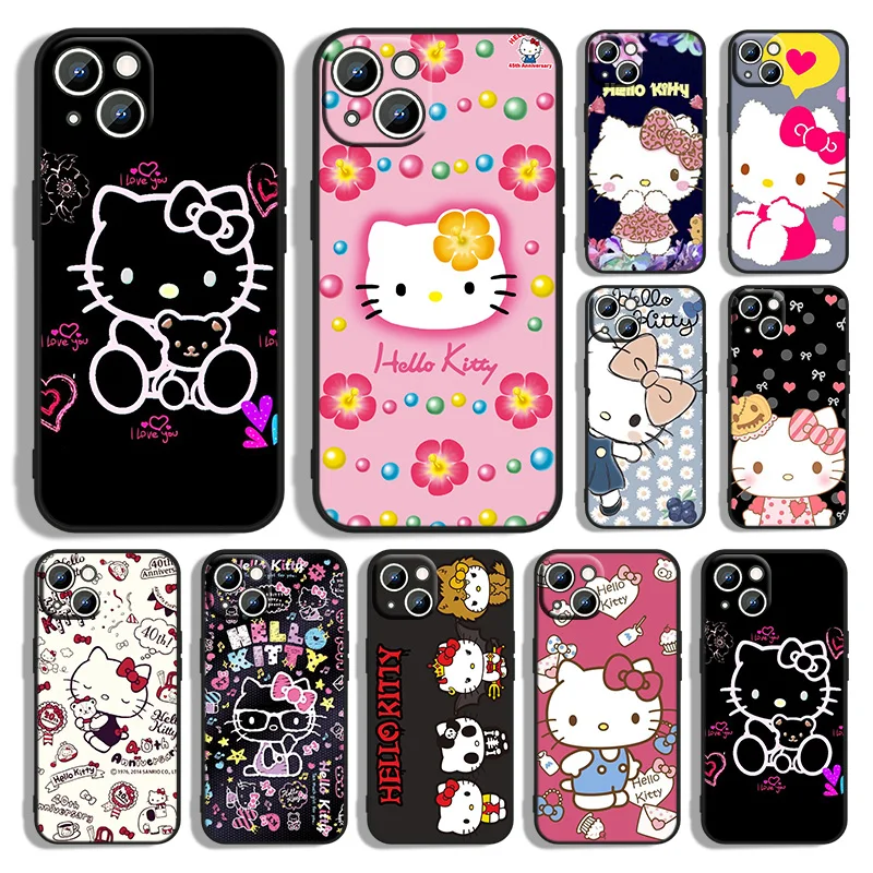 Anime Cartoon Hello Kitty Phone Case For Apple iPhone 14 13 12 11 Pro Max mini XS XR X 8 7 6S 6 Plus Black Soft Funda Back Cover