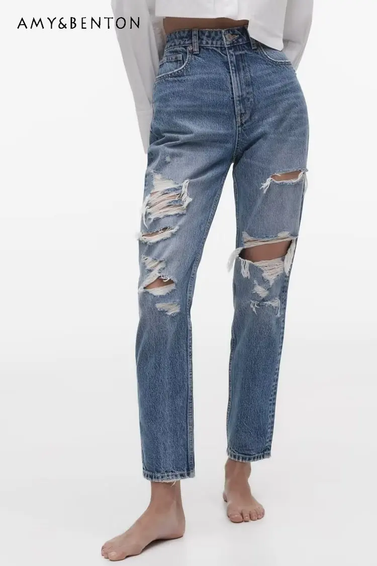 

European and American Women's Clothing Spring Autumn New Streetwear Denim Pants Hole Decoration Loose Comfortable Edition Jeans