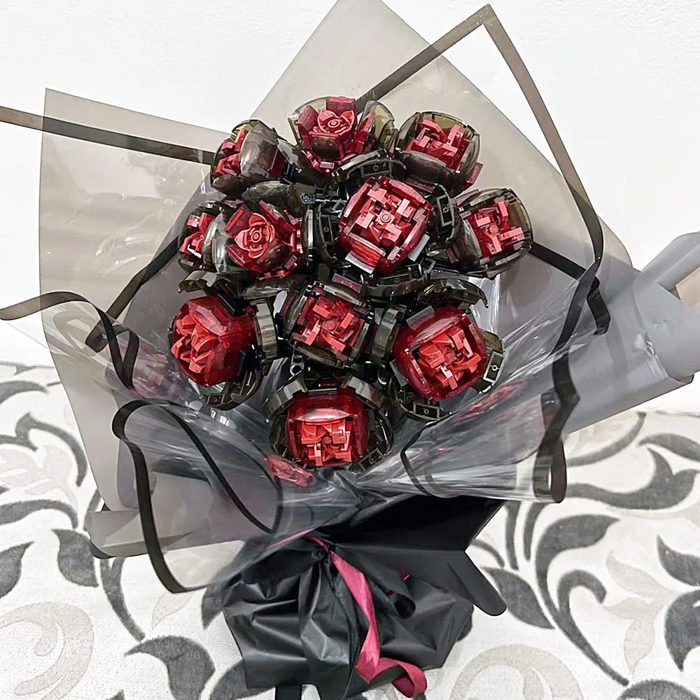 92009 Ideas Romantic Rose Flower Series Wine Red Heart Bouquet Moc Building Block Model Kit Compatible 40460 Toy Gift 800+pcs