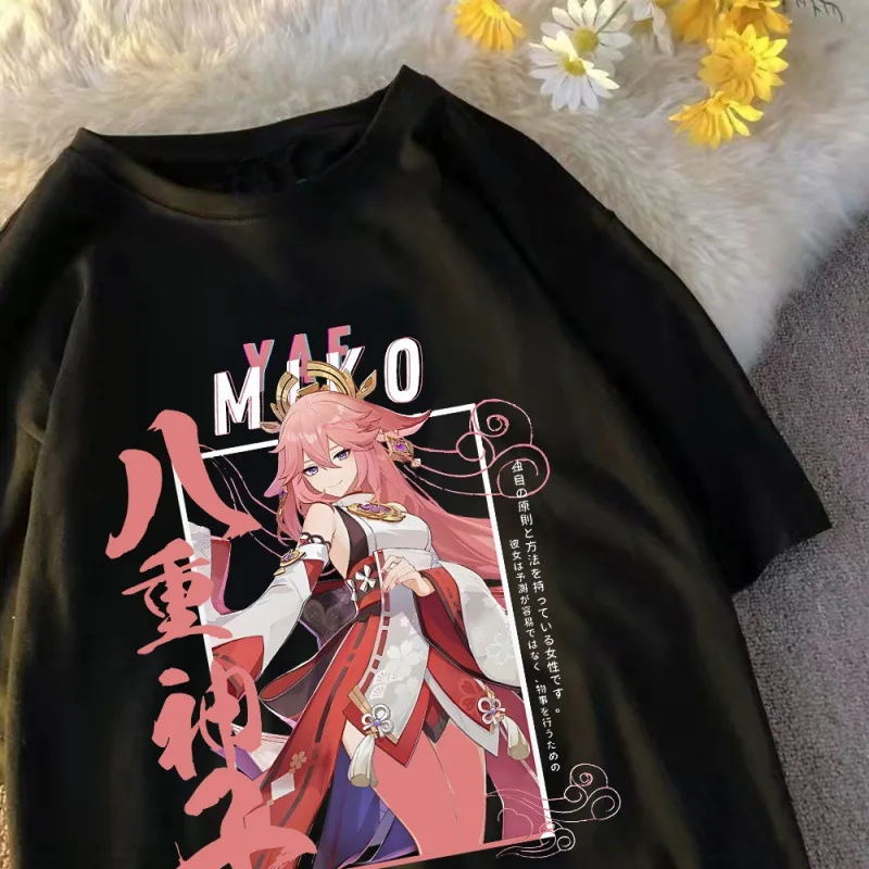 

Футболка мужская оверсайз с коротким рукавом, хлопок, Повседневная модная уличная одежда в стиле аниме Genshin YAE MIKO, Харадзюку