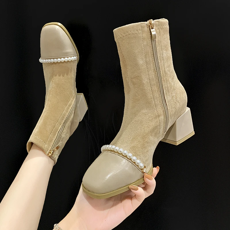 

Modern Boots with Beaded Stitching 2022 New Women's Square Toe Thick High-heeled Shoes Winter Zipper Pearl Elastic Socks