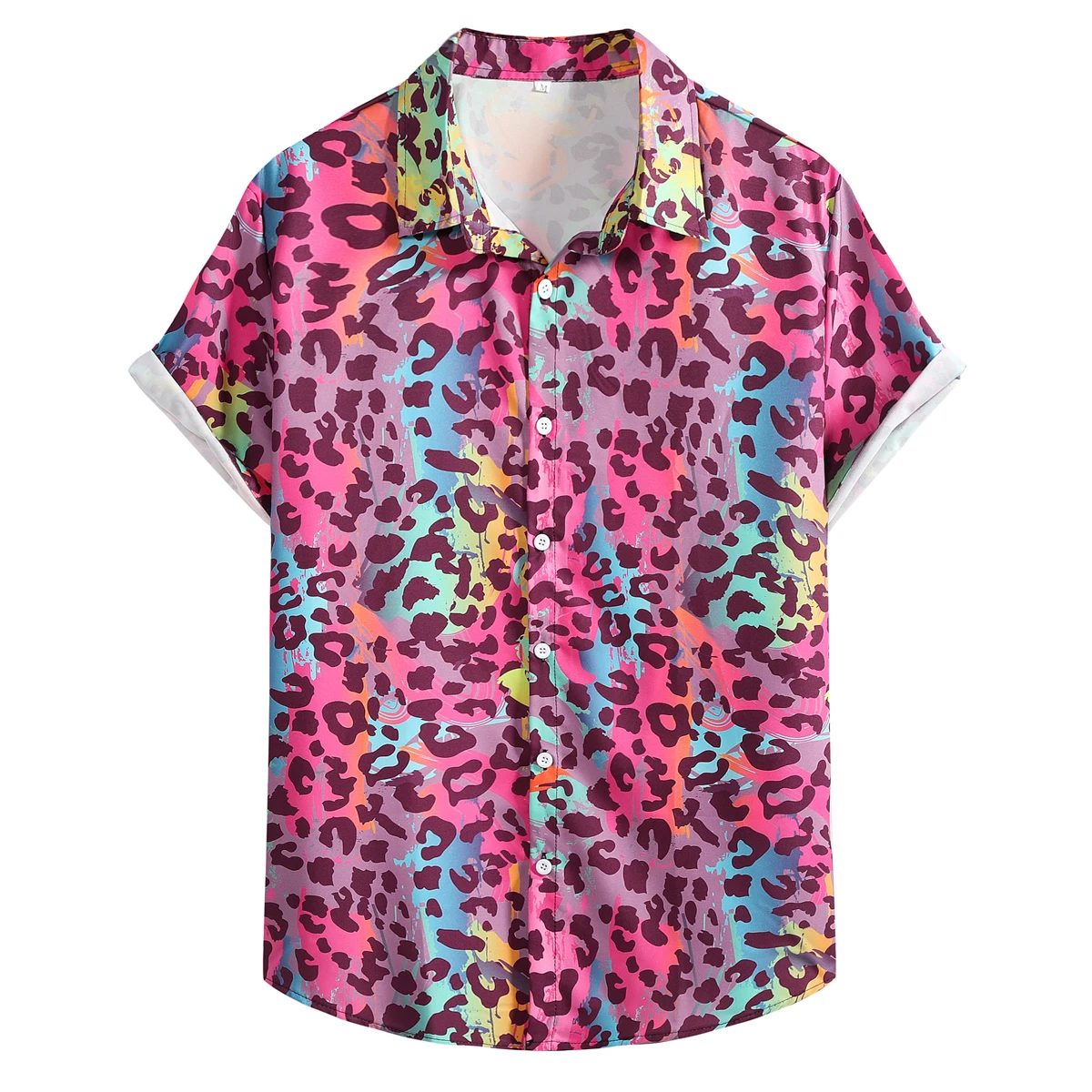 

Рубашка мужская с цветным леопардовым принтом, повседневная Гавайская блузка с коротким рукавом, Пляжная тропическая рубашка на пуговицах,...
