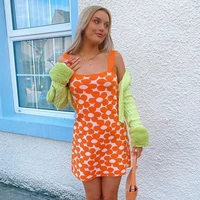 orange floral print casual spring and autumn knit y2k suspenders sexy ladies mini dress wrap party fashion tight dress yellow