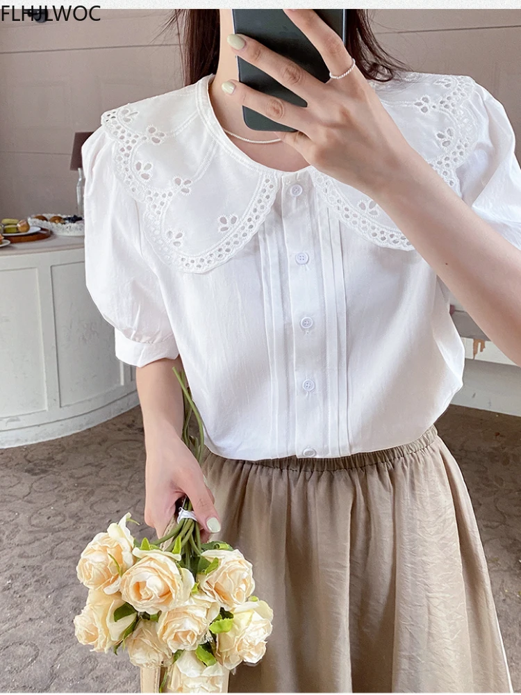 

Chic Korea Japan Fenimine Clothes Women 2022 Retro Vintage White Button Shirts Cute Sweet Peter Pan Collar Lace Tops And Blouses