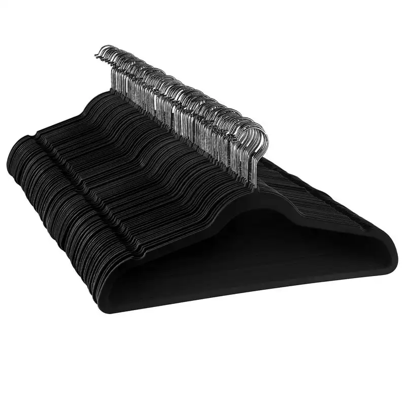 

Home 100 Piece Set of Velvet Slim Profile Heavy Duty Felt Hangers with Stainless Steel Swivel Hooks in Black Organizer Clothi
