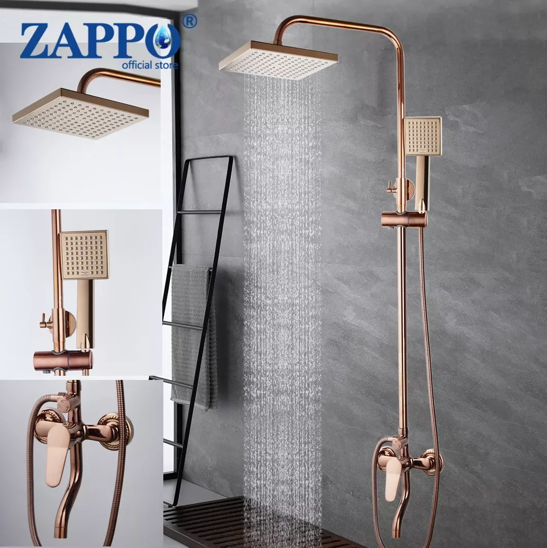 

ZAPPO Rose Gold Bathroom Shower Set Rain Shower Head Bath Shower Faucet with Hand Shower Mixer Faucets Bathub Tap
