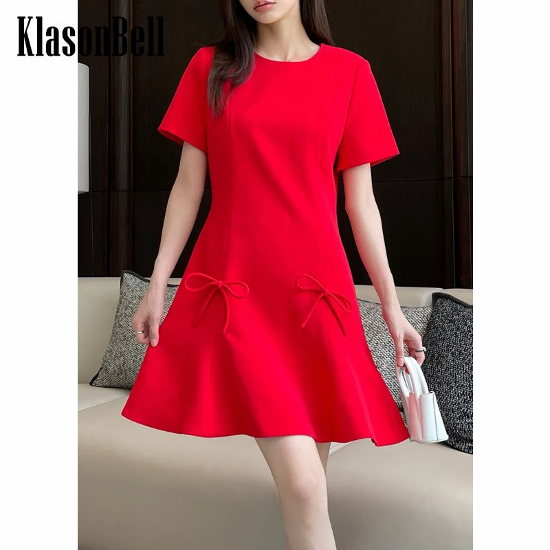 

6.23 KlasonBell Temperament Short Sleeve Bow Decoration Collect Waist Flared Dress Women