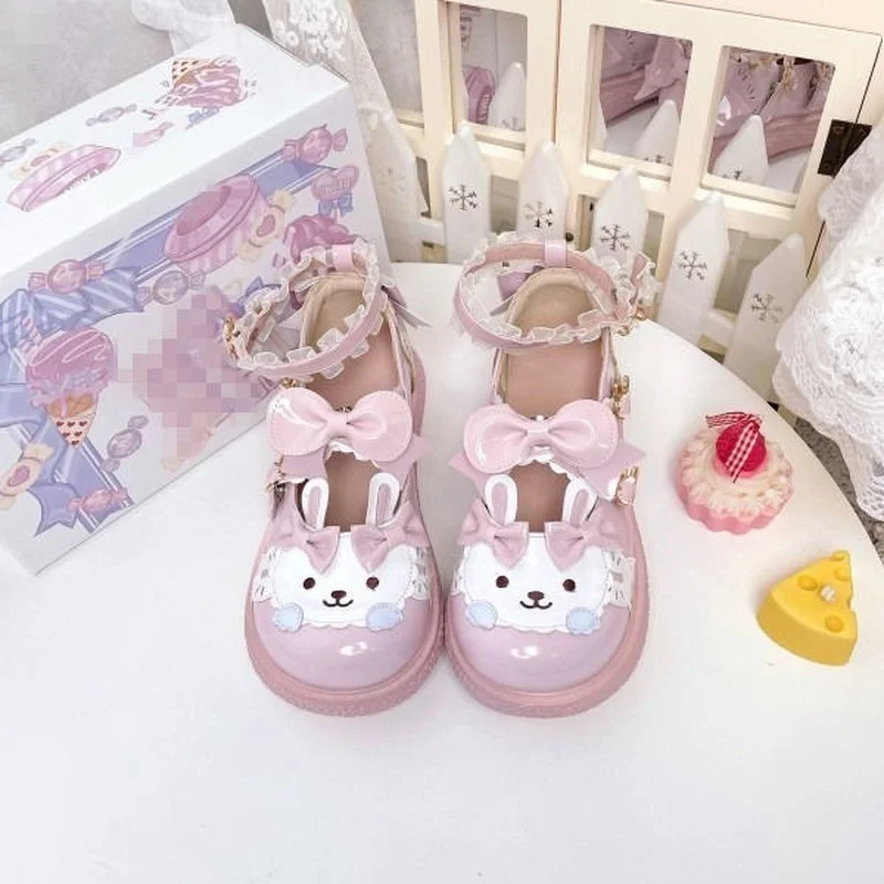 

Туфли Kawaii Lolita мультфильм кролик пэчворк в японском стиле Милая Мэри Джейн женская обувь розовая Милая Jk повседневная женская обувь