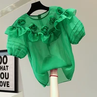 flower puff sleeve shirt 2022 summer loose flounce solid color short sleeve chiffon shirts for women fashion green blouse tops