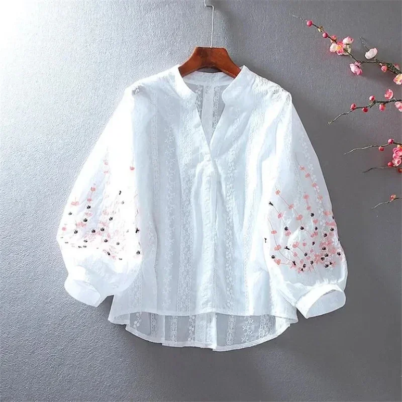 

V-Neck Embroider Blouses for Women Shirt Lace Lantern Sleeves Cotton Bluasa Loose Top Casual Versatile Thin Feminine Blo X995