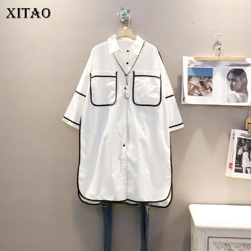 

XITAO, модная Повседневная рубашка, индивидуальная яркая линия, соединяющая украшения, простая Свободная рубашка с отложным воротником, новин...