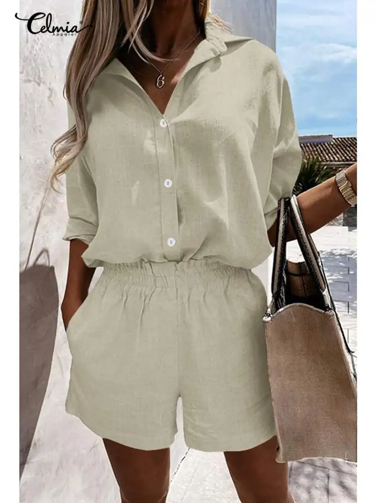 

Celmia Casual Loose Short Sets Summer Lapel Long Sleeve Shirt and Pleats Elastic Waist Short Suits Lightweight Cotton 2 PCS Sets