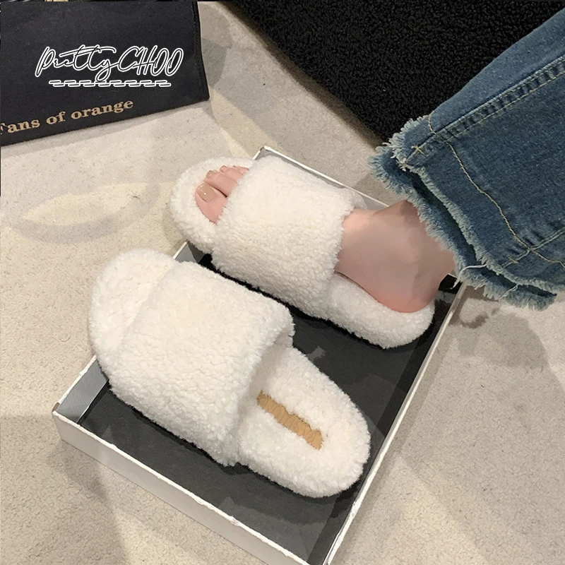 Мюли женские из овечьей шерсти толстая подошва кудрявые меховые тапочки модные