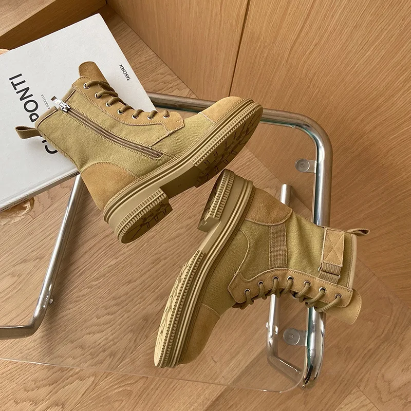 Summer Canvas Ankle Women Boots British Style Lace Up Round Toe Motorcycle Boots Side Zipper Mixed Color Popular Platform Shoes