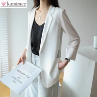 chiffon suit coat 2022 summer new korean elegant women casual loose white thin medium long seven sleeve jacket sunscreen office