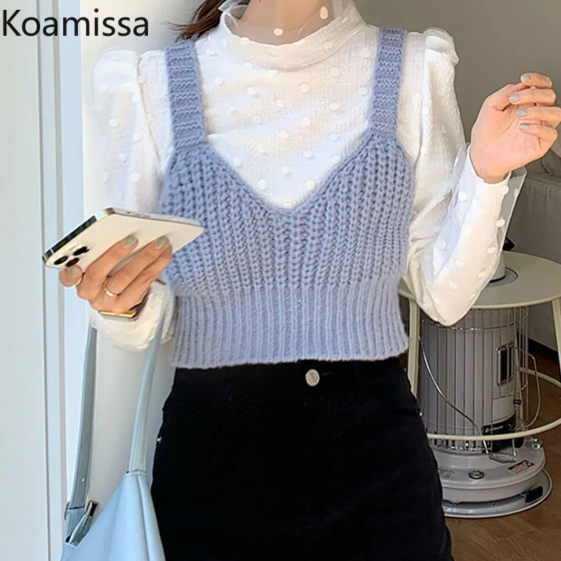 

Женская рубашка в горошек Koamissa, с длинным рукавом, Весенняя блузка, укороченный топ с трикотажным жилетом, модный костюм