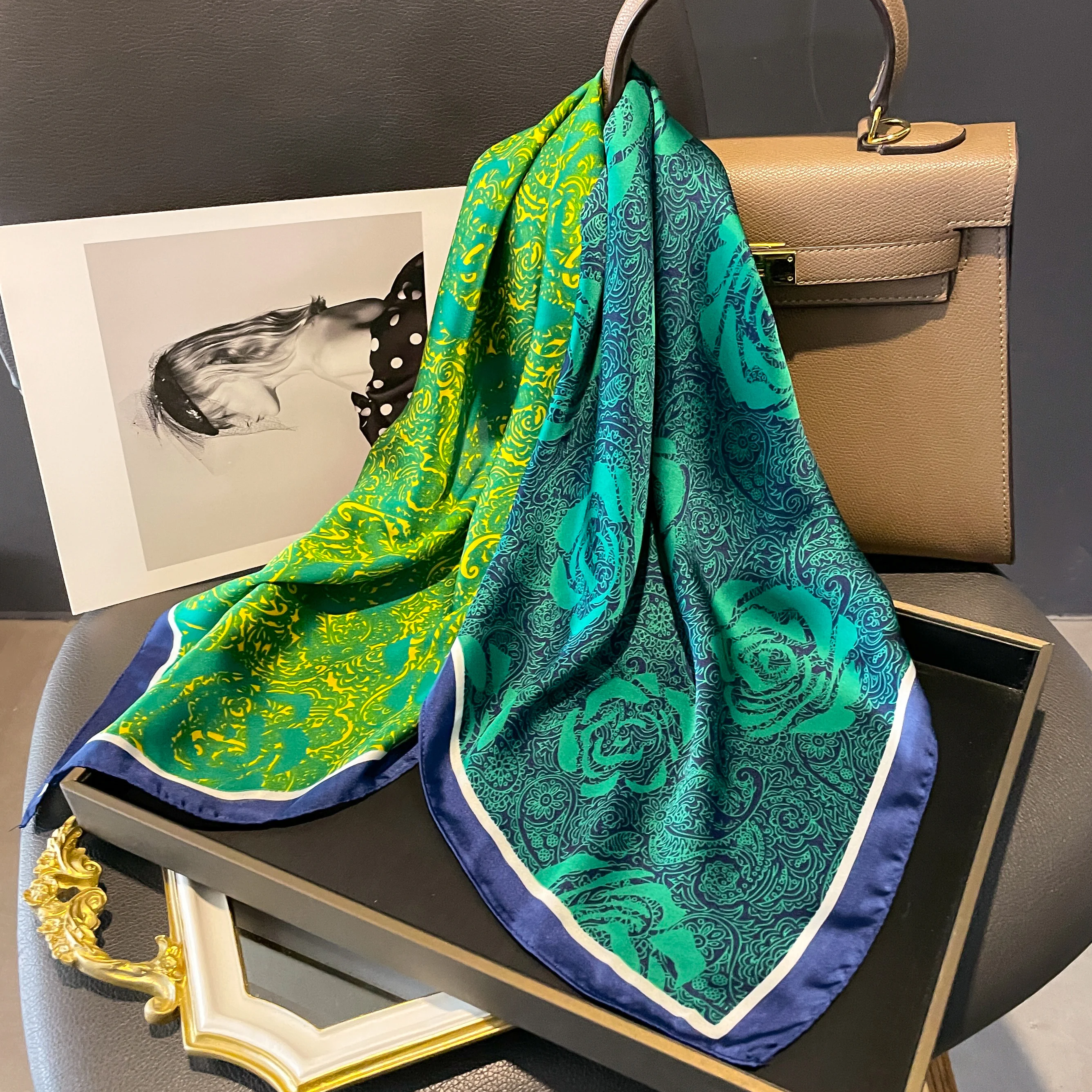 Женский Шелковый Шарф С Цветочным Принтом Квадратный Модный Головной Убор Шаль