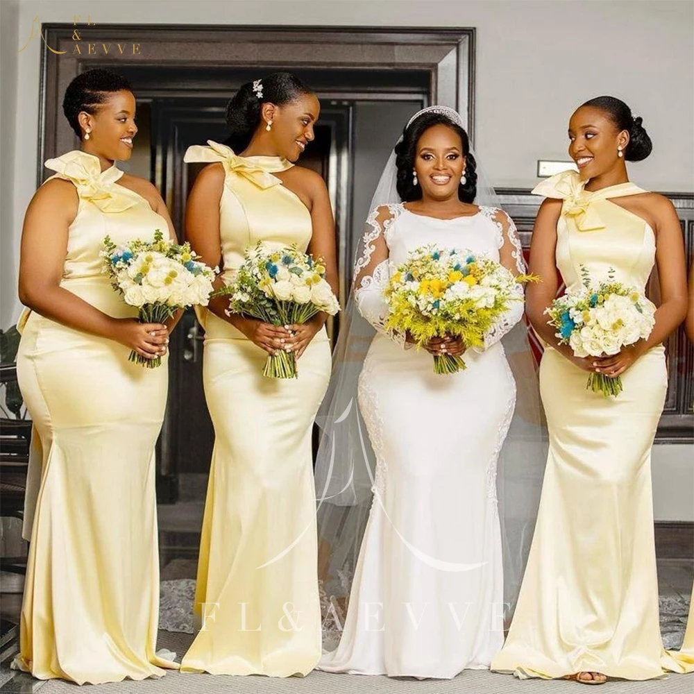 

Желтое атласное свадебное платье для подружек невесты, элегантные наряды с одним открытым плечом и юбкой-годе, платье для свадебной церемонии, халат подружки невесты