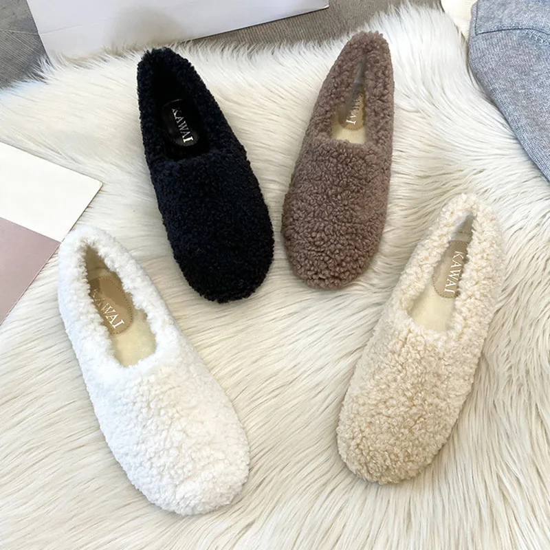 White Ladies Traf Loafers Warm Cotton Footwear Winter Slip On Sheep Fur Flats Women Lambswool Wool Shoes Mocasines Mujer
