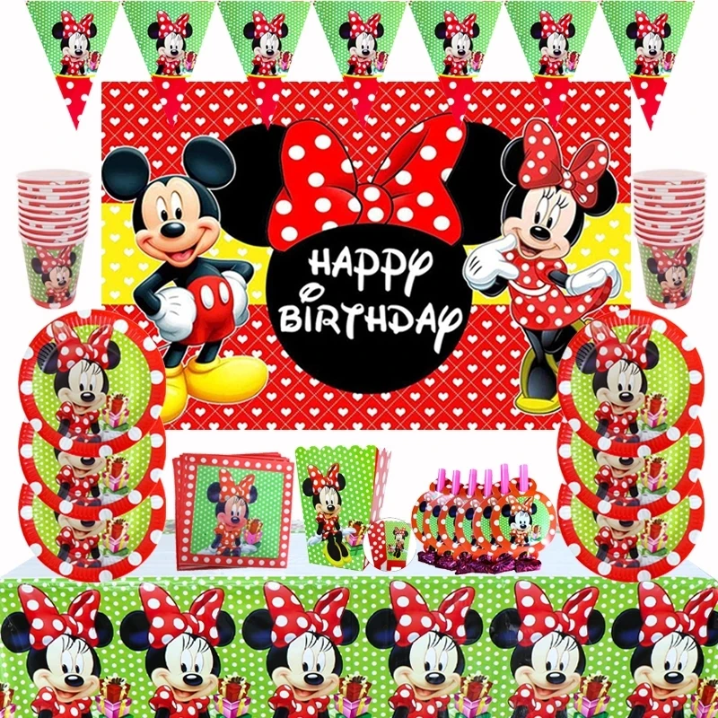 

Red Minnie Mouse Girls Birthday Party Supplies Disposable Cutlery Paper Plate Cups Balloon Gender Reveal Decorations Kids Toys