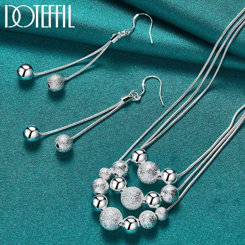 

DOTEFFIL 2pcs 925 Sterling Silver Smooth Matte Bead Snake Chain Necklace Earring Set For Woman Wedding Fashion Jewelry