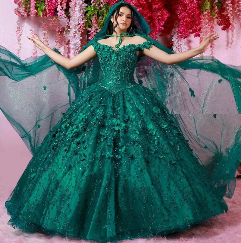 vestidos de xv años Emerald Green Quinceanera Dresses With Cloak Beading Floral Mexican Sixteen Princess Prom Gowns